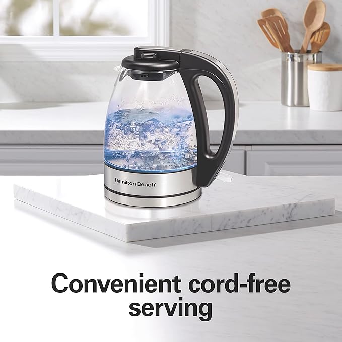 Hamilton Beach Glass Electric Tea Kettle, Water Boiler & Heater, 1 Liter, 1500 Watts for Fast Boiling, BPA Free, Cordless Serving, Auto-Shutoff & Boil-Dry Protection, Soft Blue LED (40930)