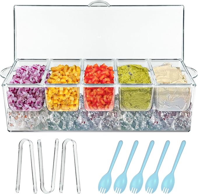 INNOVATIVE LIFE Bar Serving Tray on Ice with 5 Compartments Container, Fruit Trays for Serving, Garnish Platters with Lid, Clear