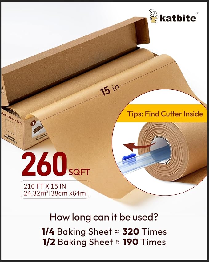 Katbite Unbleached Parchment Paper for Baking, 15 in x 210 ft, 260 Sq.Ft, Heavy Duty Baking Paper with Slide Cutter, Non-stick Brown Parchment Paper Roll for Cooking, Air Fryer, Steaming, Baking Bread