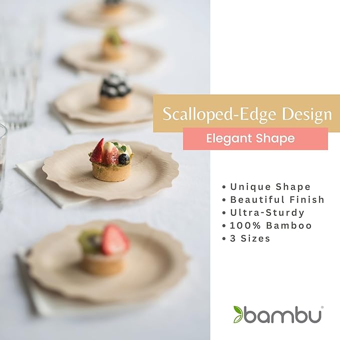 Bambu Pack of 25-7 Inch Disposable Bamboo Plates Fancy, Biodegradable Eco Friendly Products, Bamboo Disposable Plates for Party, Weddings, and Events, Great For Any Occasion, Compostable Plates