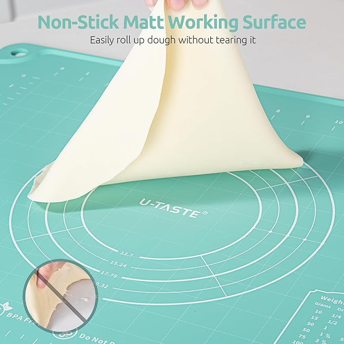 U-Taste Liquid Silicone Pastry Mat: 16"x20" Food-Grade Non-Stick Dough Rolling Baking Sheet, Non Slip for Kneading, Making Pizza, Fondant, Pie Crust with Clear Measurement and Raised Edges (Aqua Sky)