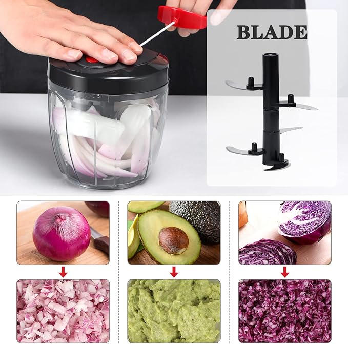 Cambom Manual Food Chopper Vegetable Cutter, Hand String Vegetable Chopper Onions Cutter for Vegetable Fruits Nuts BPA Free Food Safe Material, 900ml Black