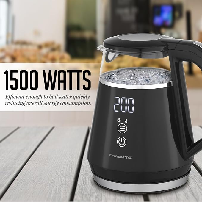 OVENTE 1L Small Electric Kettle with 5 Temperature Preset, Digital Display, 5Hr Keep Warm, Auto Shut-Off, Double-Wall Cool Touch Exterior, Borosilicate Glass,1500W BPA Free Water Boiler, Black KD95B