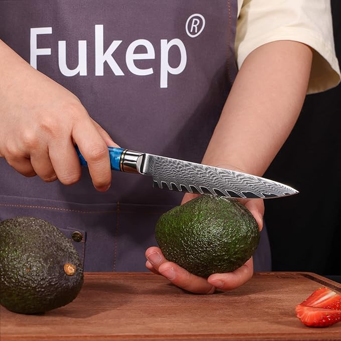 5 Inch Kitchen Utility Knife, Damascus Paring Knives,Japanese VG10 Steel Damascus Fruit Knife-Ergonomic Blue Resin Handle Ideal Birthday Gift for Men and Women