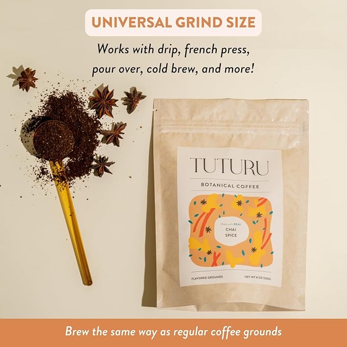 Organic Dirty Chai Ground Coffee - Medium Roast, Flavored Coffee - Real Chai Spices - Smooth Low-Acid- Perfect for Drip, Pour Over or Cold Brew - 8 oz, 22 Servings