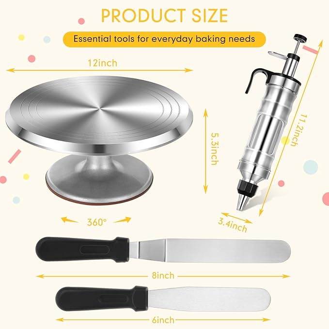 Nuogo 154 Pcs Christmas Aluminum Cake Decorating Tools Kit with 12 Inch Aluminum Cake Turntable, Cakes Decorting Gun with 6 Head, 34 Pcs Cakes Decorting Set, 11 Cream Spatula Set, 100 Cream Piping Bag