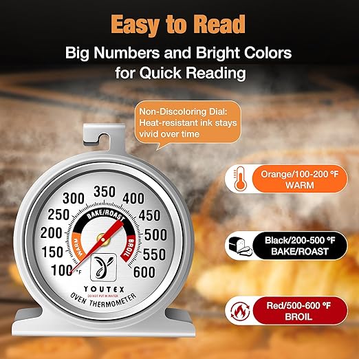 2-Pack Oven Thermometer, Upgraded 100-600°F No-Holes Non-Discoloring Easy-to-Clean for Healthier Cooking, Easy-to-Read with Large Bright Numbers for Gas & Electric Ovens, Grills, and Smokers