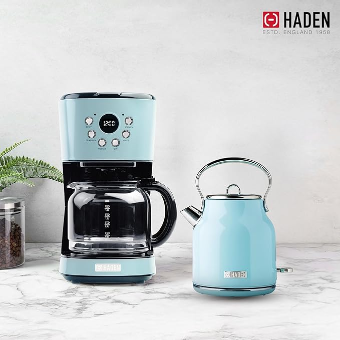 HADEN Coffee Machine, 12 Cup Drip Coffee Maker Bundled with Heritage 1.7 Liter Stainless Steel Electric Kettle, Turquoise & Chrome