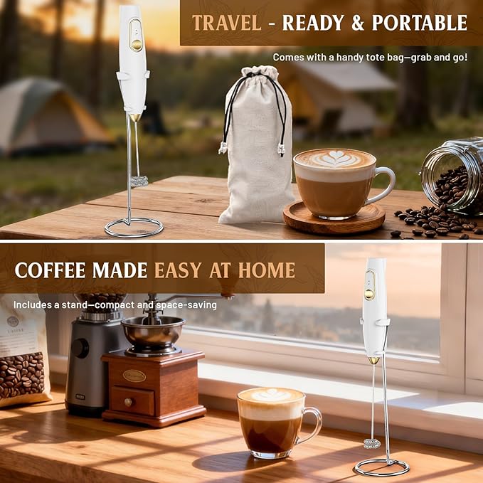 Milk Frother Handheld, Rechargeable Coffee Frother Wand with Stand, Electric Frother for Lattes, Cappuccinos, Matcha, Drinks, Espumador de Leche Electrico