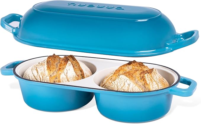 nuovva Dutch Oven For Sourdough Bread Baking – Enamelled Cast Iron Bread Loaf Pot – 500°F Oven Safe Non Stick Bread Pot – Double Round Loaf Space, 16.5cm Diameter, Light Blue