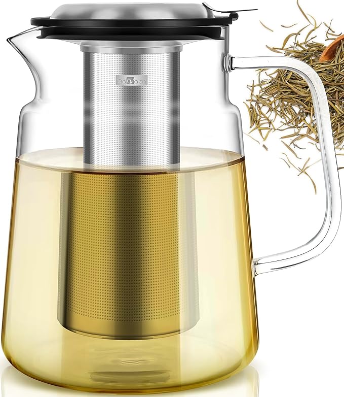 Aquach Glass Teapot with Removable Infuser - 74oz Borosilicate Tea Pot for Stovetop & Cold Brew, Stainless Steel Filter for Loose Leaf/Iced Tea