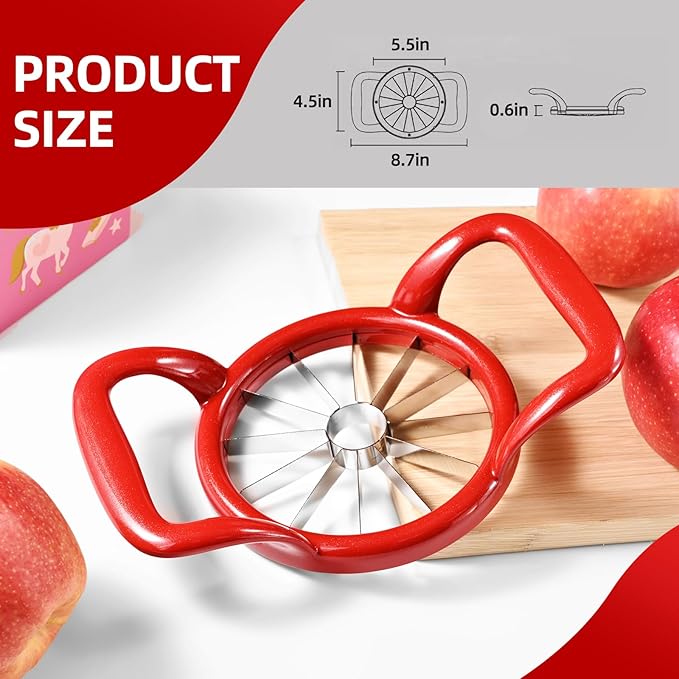 LIIGEMI 5.5 Inch Extra Large Apple Slicer,12-Slice Thin Apple Slicer and Corer,Cutter, Divider, Wedger for Fruits and Vegetables，Gifts for Mom，Sharp and Sturdy，Easy to Use（Red）