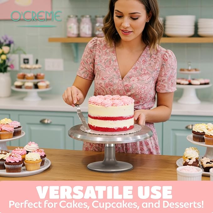 O’Creme Cake Turntable Stand, 12 inch – Heavy-Duty Aluminum Alloy Rotating Turn Table Display Lazy Susan for Decorating Cakes & Cupcakes with Non-Slip Base- Ideal for Weddings, Birthdays