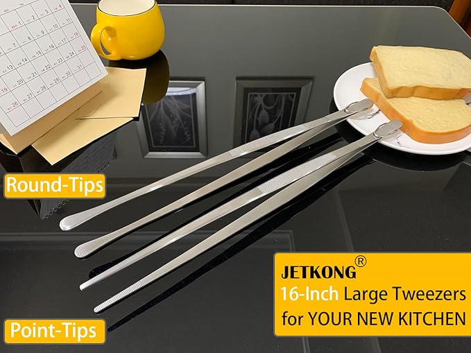 JETKONG 2 Pcs 16-Inch Food Tweezers Extra Long Kitchen Tweezer Tong Chopsticks Tongs Large Stainless Steel Cooking Tweezers (Round-Tips)
