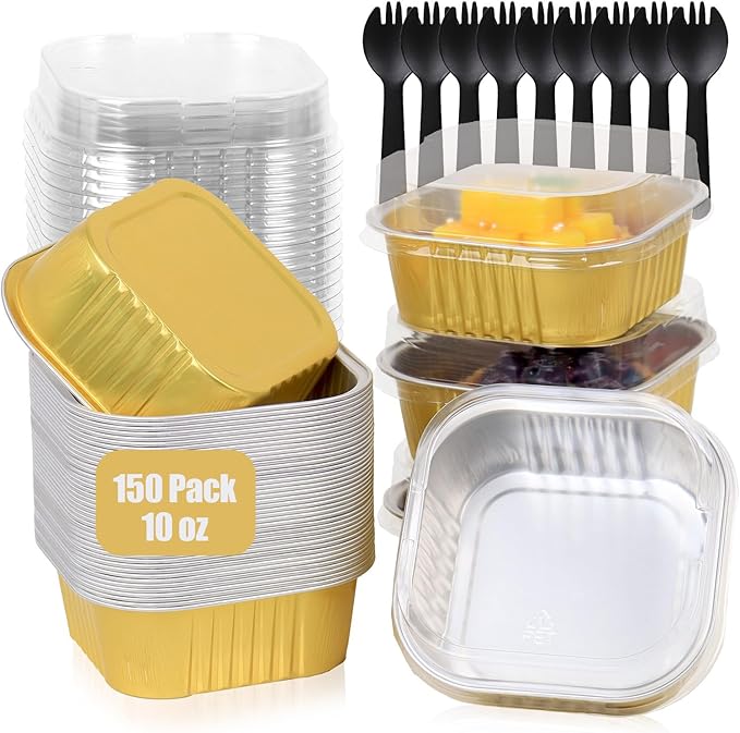 FORBFAN 150 Pack Mini Cake Pans with Lids and Spoons, 10 oz Aluminium Foil Square Brownie Baking Cups, Disposable Ramekins Cupcake Tins