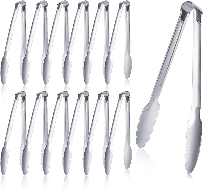 12 pieces Buffet Tongs 9'' Inches Serving Tongs Heavy Duty Stainless steel Kitchen and BBQ Utility Tong (Silver, 9inch)
