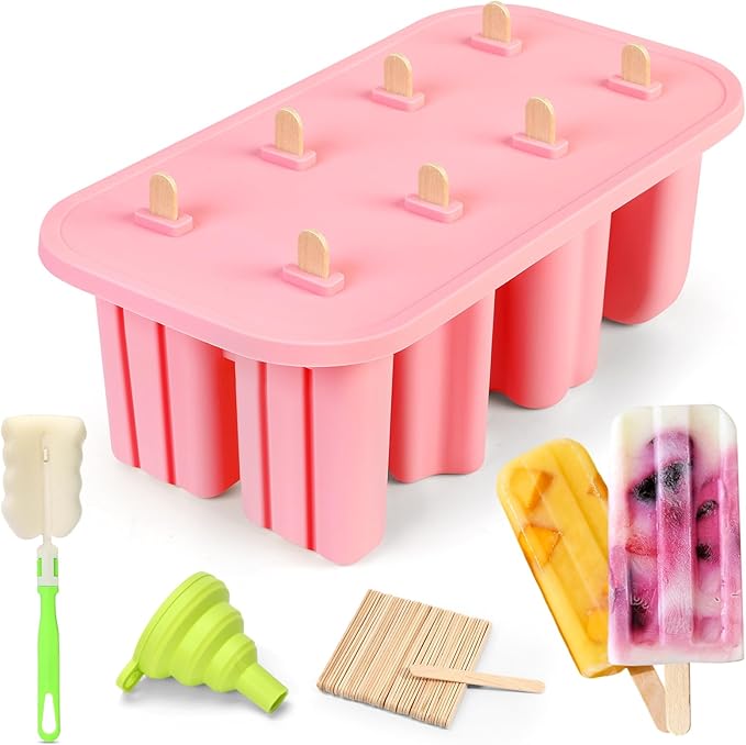 Popsicles Molds, 8-Cavity Silicone Popsicle Molds with 50 Sticks, BPA-Free Ice Pop Mold Popsicle Maker with Funnel & Cleaning Brush for Kids Adult Teens