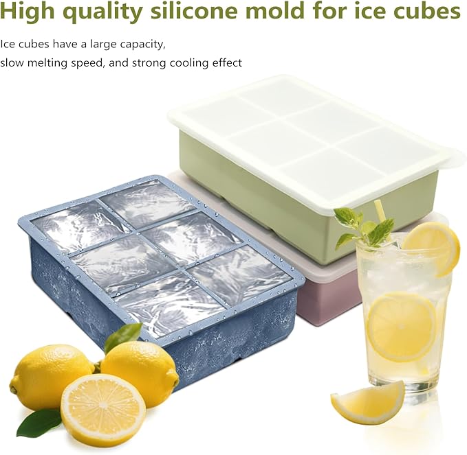 Ice Cube Trays for Freezer 3-Pack - Large Silicone Ice Cube Molds with Stainless Steel Ice Cube Holder Huge Square Ice Trays for Cocktails, Whiskey, and Brandy