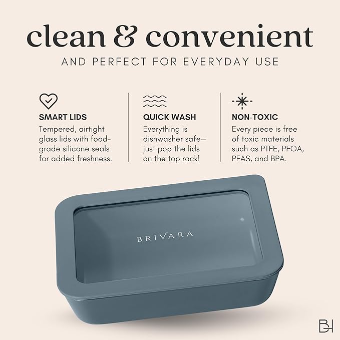 Ceramic Coated Glass Food Storage Container | No PTFE, PFOA, PFAS, and BPA | Reusable Non Toxic Meal Prep Container with Glass Lid | Easy To Store | 8 Cup Square [Dusk]