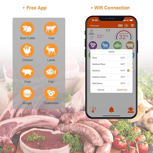 Wireless Meat Thermometer – Digital Cooking Thermometer with Wireless Probe – 500Ft Remote Range Food Thermometer – with iOS & Android Read App -Preprogrammed Temperatures for BBQ, Oven, Grill