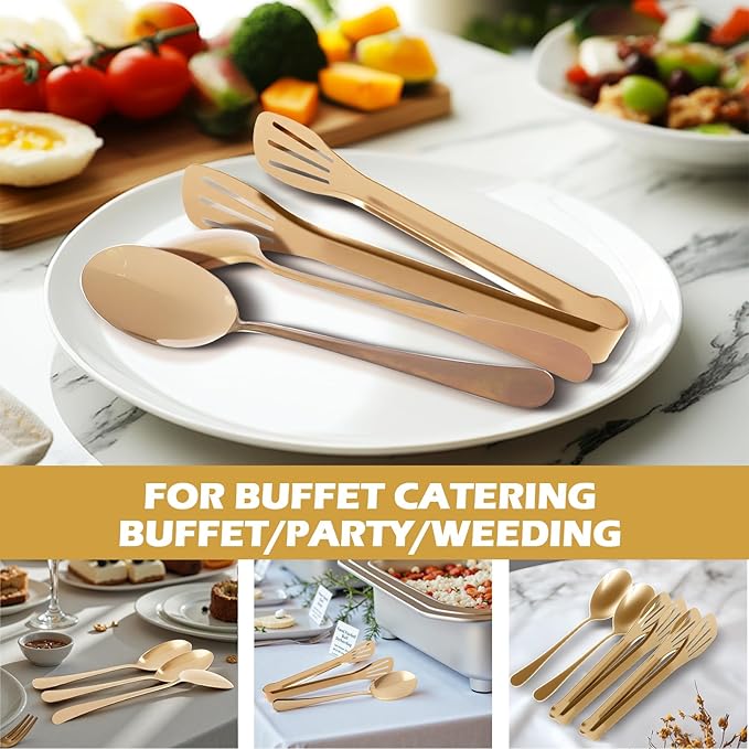 12PCS Stainless Steel Serving Utensils Sets,8 Large Serving Spoons,4 Serving Tongs,Gold Serving Utensills Sets for Buffet Catering Banquet Party (Gold)