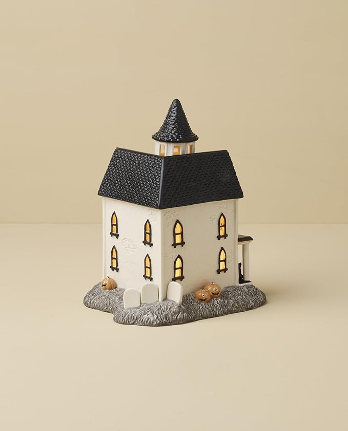 Lenox Vintage Halloween Light-Up Manor Figurine, 8.25-Inch, Porcelain Haunted House, Halloween Decor Indoor, Pumpkins, Ghost, Fall Decor Spooky Table Decoration (1 Piece) 3 AAA Batteries Not Included