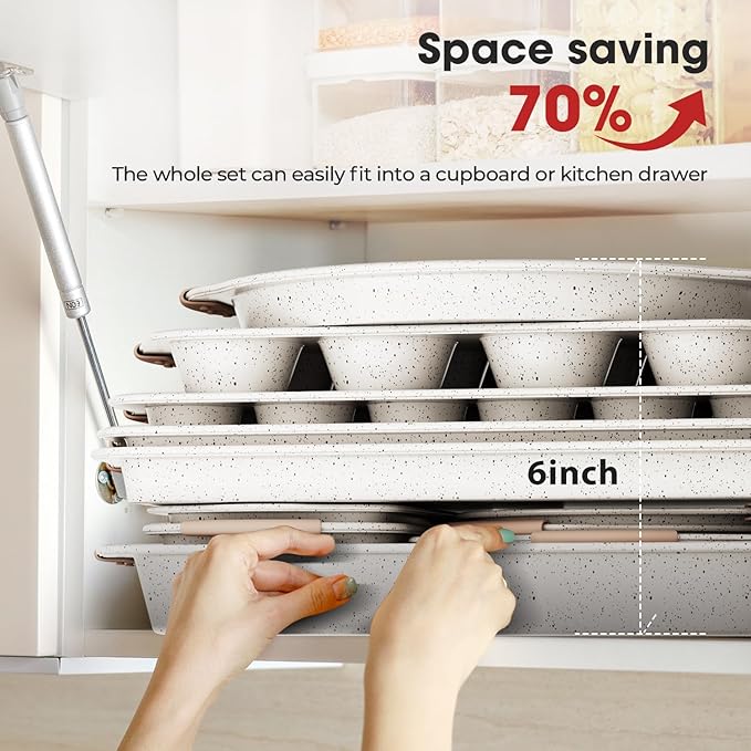 11-Piece Baking Pans Set Nonstick, Stackable Bakeware, Toxin-Free Baking Pans Set with Silicone Handles, Includes Cookie Sheets, Cake Pan, Loaf Pan, Pizza Pan, Muffin Pan, White&Khaki