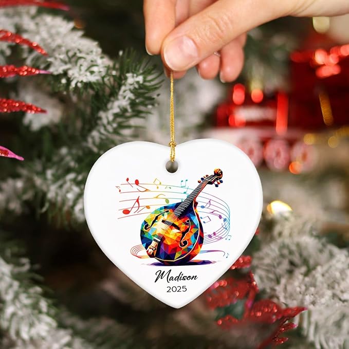 Personalized Name & Year Mandolin Ceramic Ornament Gifts for Music Lovers, Mandolin Player Xmas Tree Ornaments, Custom Mandolinist Ornaments 2025, Instrument Ceramic Ornament Decor Christmas Hanging