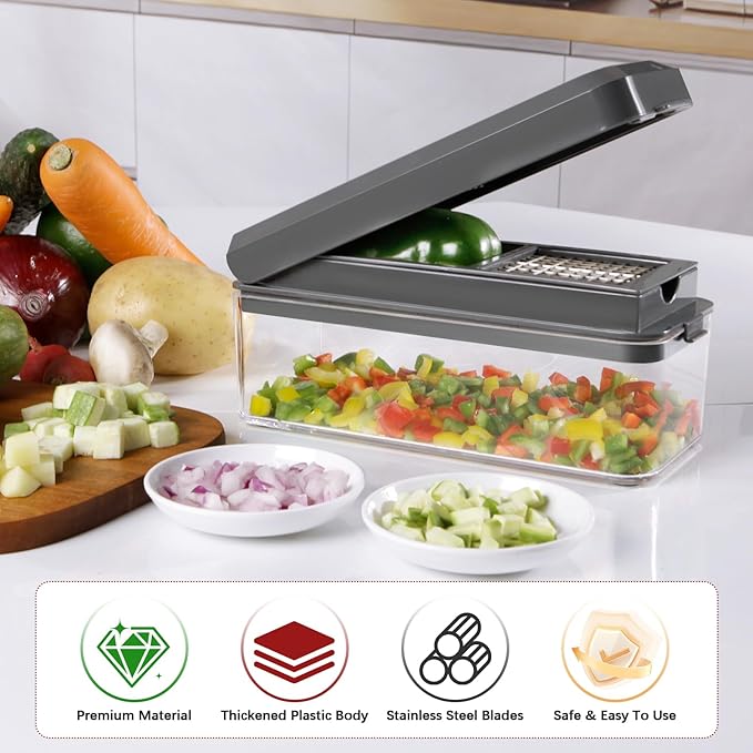Vegetable Chopper, Onion Chopper Dicer, Mandoline Slicer with Container, Vegetable Cutter for Salad Potato Carrot Garlic（2 Blades, Grey）