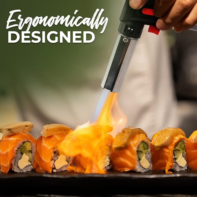 Jo Chef Kitchen Torch with Butane Included – Refillable Lighter with Safety Lock & Adjustable Flame, Blow Culinary Torch for Cooking, BBQ, Creme Brulee, DIY and Soldering - 1 Can (5.07oz) Included