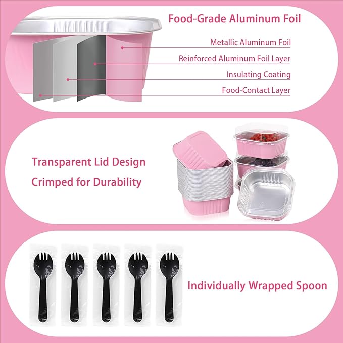 FORBFAN 150 Pcs Square Mini Cake Pans with Lids, 10 oz Individual Mini Loaf Pans, 4.4x4.4 Pink Aluminum Foil Cupcake Baking Cups