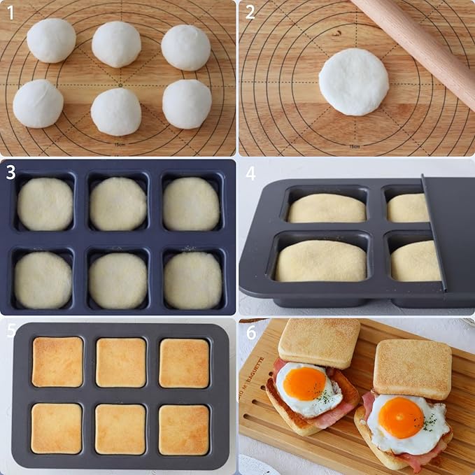 6 Cup Square English Muffin Pan with Lid Straight Side Hamburger Burger Bun Egg Sandwich Frittata Cinnamon Roll Focaccia Quiche Pancake Nonstick Baking Tin Tray Mold