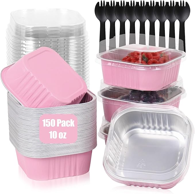 FORBFAN 150 Pcs Square Mini Cake Pans with Lids, 10 oz Individual Mini Loaf Pans, 4.4x4.4 Pink Aluminum Foil Cupcake Baking Cups