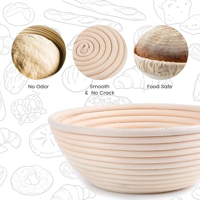 Proofing Baskets for Sourdough Bread Making, Dough Proofing Bowls Kit with Cloth Liner + Scoring Lame + Scraper for Professional & Home Sourdough Bakers (Round,8.5 inch,Set of 2)