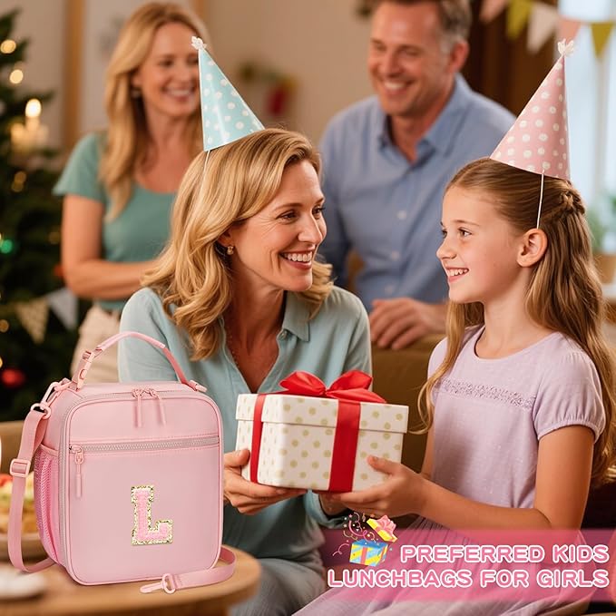 Initial Insulated Lunch Bag for Girls Kids, Back to School Gift, Reusable Leak-proof Lunch Box with Adjustable Strap for School Daycare Travel Picnic (Pink,L)