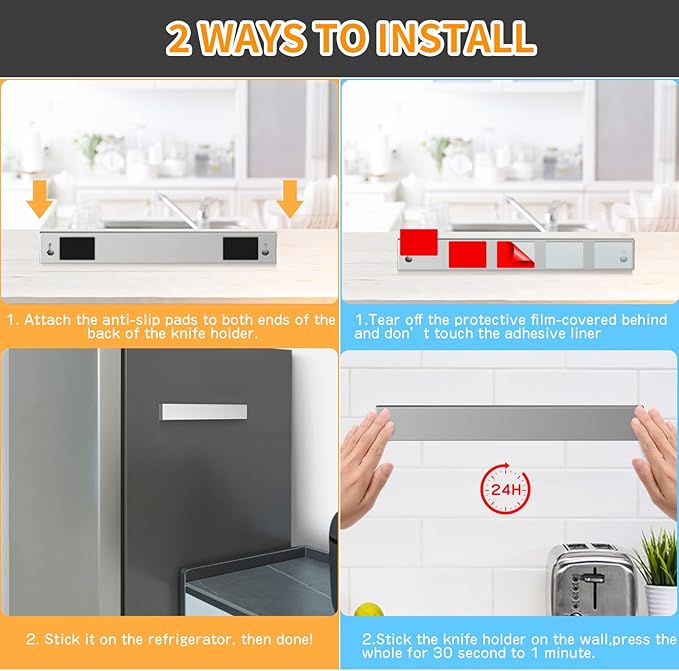 Ninonly 24 Inch Magnetic Knife Holder for Refrigerator, Stainless Steel Double Sided Magnet Knife Strip for Wall, No Drilling Magnetic Knife Rack with Powerful Magnetic Pull Force Fridge Applicable