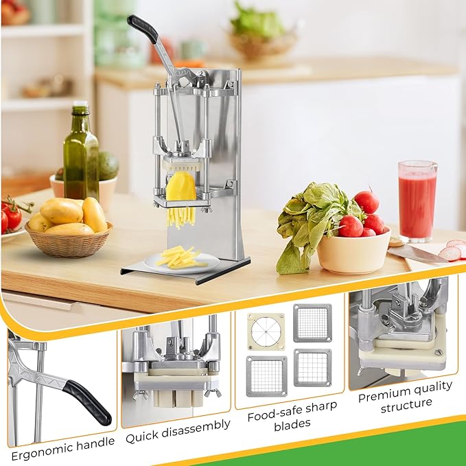 4in1 Commercial French Fry Cutter & Lemon Slicer & Vegetable Chopper - Stainless Steel with Extended Handle - 4 Blades for Home, Bar, Restaurant - Dice, Slice & Chop 1/2", 3/8", 1/4", 8 Wedge