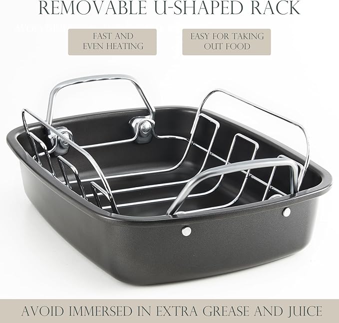 KITESSENSU Nonstick Turkey Roasting Pan with Rack 17 x 14 inch - Large Chicken Roaster Pan for Oven - Wider Handles & Heavy Duty Construction - Suitable for 24lb Turkey, Gray