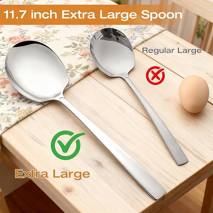 Extra Large Serving Spoons Set 11.7-Inch Serving Slotted Spoon x 2 Serving Spoon x 2, 18/8 Stainless Steel Big Serving Utensil for Buffet, Parties, Catering - Dishwasher Safe(4-Pack, Silver)