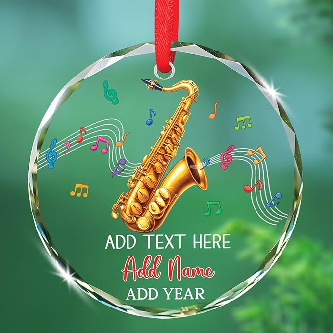 Saxophone Player Christmas Glass Ornament 2025, Personalized Text & Name Saxophonist Christmas Keepsake, Instrument Musical Xmas Ornament Gift for Saxophone Lover, Customized Musician Glass Ornaments