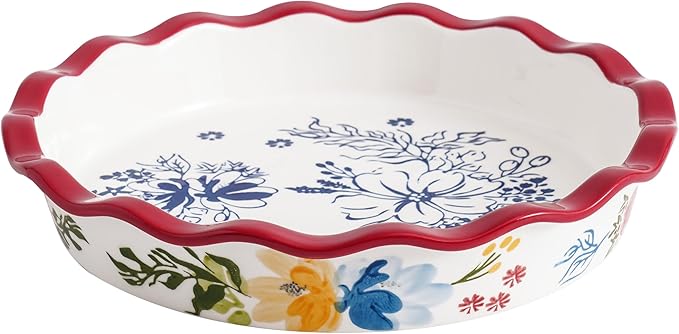 Pie Pan Ceramic Pie Plate, 9 inch Deep Dish Pie Pans, Nonstick Pie Pans for Baking, Red Floral Pie Dish For Kitchen