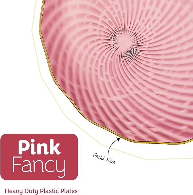 PLASTICPRO 30 Pack Plastic Plates Set of 15-10 inch Plate and 15-7 inch Plates, Elegant Clear Pink Spiral and Gold Rim Disposable Fancy Plate Premium Heavyweight