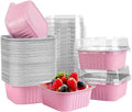 50 Pcs Mini Square Baking Cups with Lids,5oz Aluminum Foil Mini Cake Pans with Lids,Disposable Ramekins Cake Pans,150ml Dessert Cups Cupcake Pans for Wedding Birthday Party,Pink