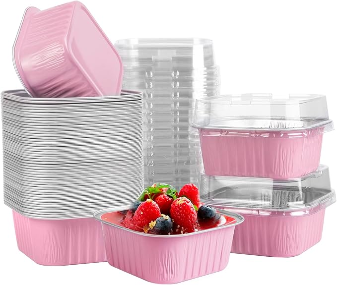 50 Pcs Mini Square Baking Cups with Lids,5oz Aluminum Foil Mini Cake Pans with Lids,Disposable Ramekins Cake Pans,150ml Dessert Cups Cupcake Pans for Wedding Birthday Party,Pink