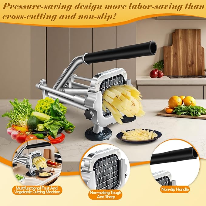 French Fry Cutter, Stainless Steel Commercial Vegetable Chopper, 1/2 Inch, 3/8 Inch and 1/4 Inch Blades Potato Cutter, Easy Clean Manual Chopper for Carrot, Yam, Cucumbers