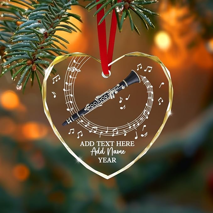 Personalized Text Name Year Clarinet Instrument Glass Ornament, Custom Clarinet Player Christmas Ornaments 2025, Clarinetist Xmas Tree Hanging Ornament, Xmas Decor Gift for Friend Coworker