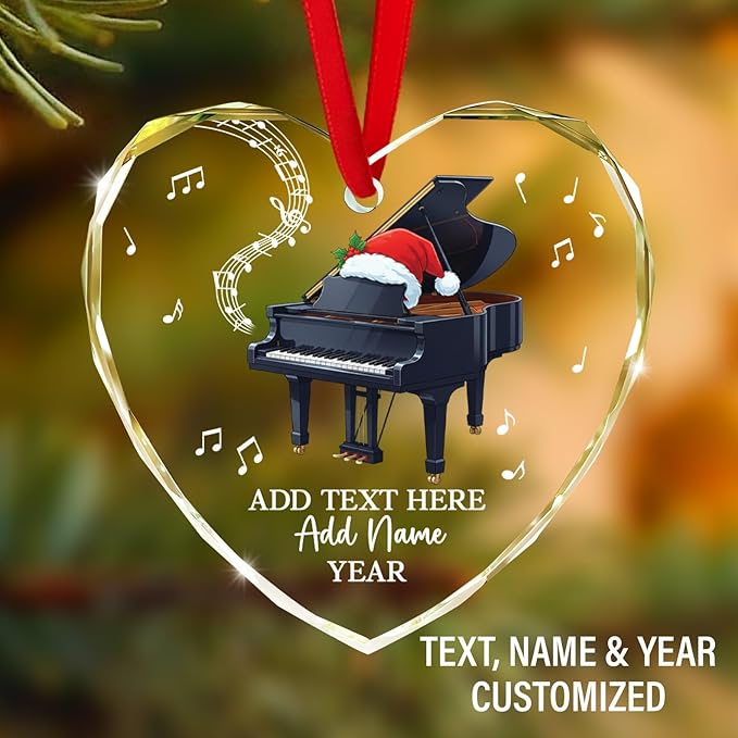 Customized Text Name & Year Piano Christmas Glass Ornament, Piano Lover Christmas Ornaments 2025, Personalized Pianist Xmas Tree Ornament, Musical Instrument Xmas Decor Gift for Son Daughter