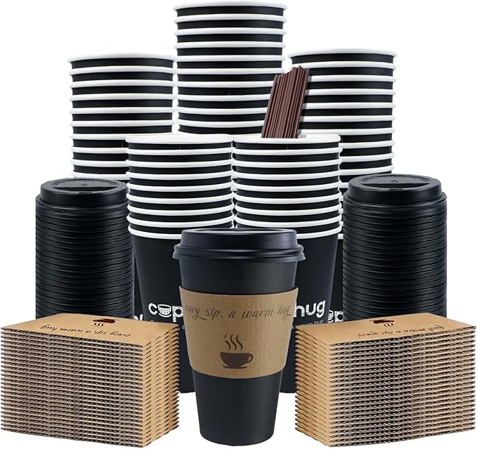 100 Pack 16 oz Coffee Cups,Disposable Hot Drink Paper Cups with Lids & Sleeves - 16 Ounce Black Party Cups Perfect for Hot Beverages, Party, Office, and Home Use