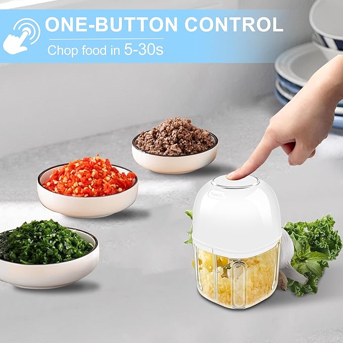 350ML Electric Garlic Chopper, Portable Mini Food Processor, USB Garlic Mincer Masher with 6 Stainless Steel Blade, Rechargeable Vegetable Chopper for Ginger, Chili, Meat, Spices
