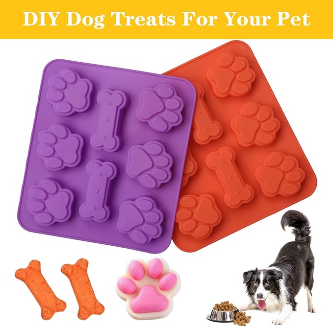 2 Pack Puppy Dog Paw and Bone Shaped 2 in 1 Silicone Molds, Reusable Non-Stick Ice Cube Trays & Candy Chocolate Molds for Homemade Dog Treats, Pudding & Baking Biscuit(Red Purple)